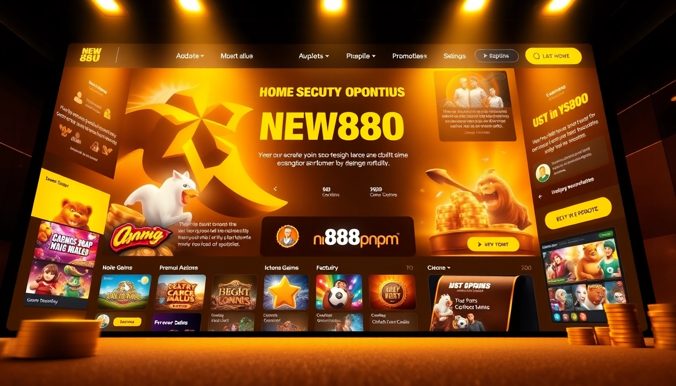 A vibrant representation of https://new88pm.com/ showcasing its user-friendly gambling platform, highlighting game icons and promotions.