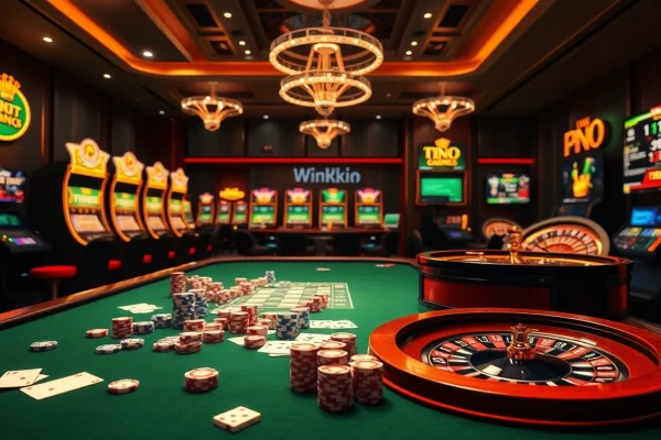 Engaging gambling scene with https://winvn.wiki slot machines and poker elements.