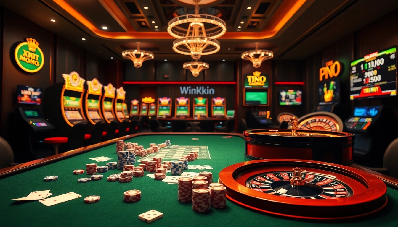 Engaging gambling scene with https://winvn.wiki slot machines and poker elements.