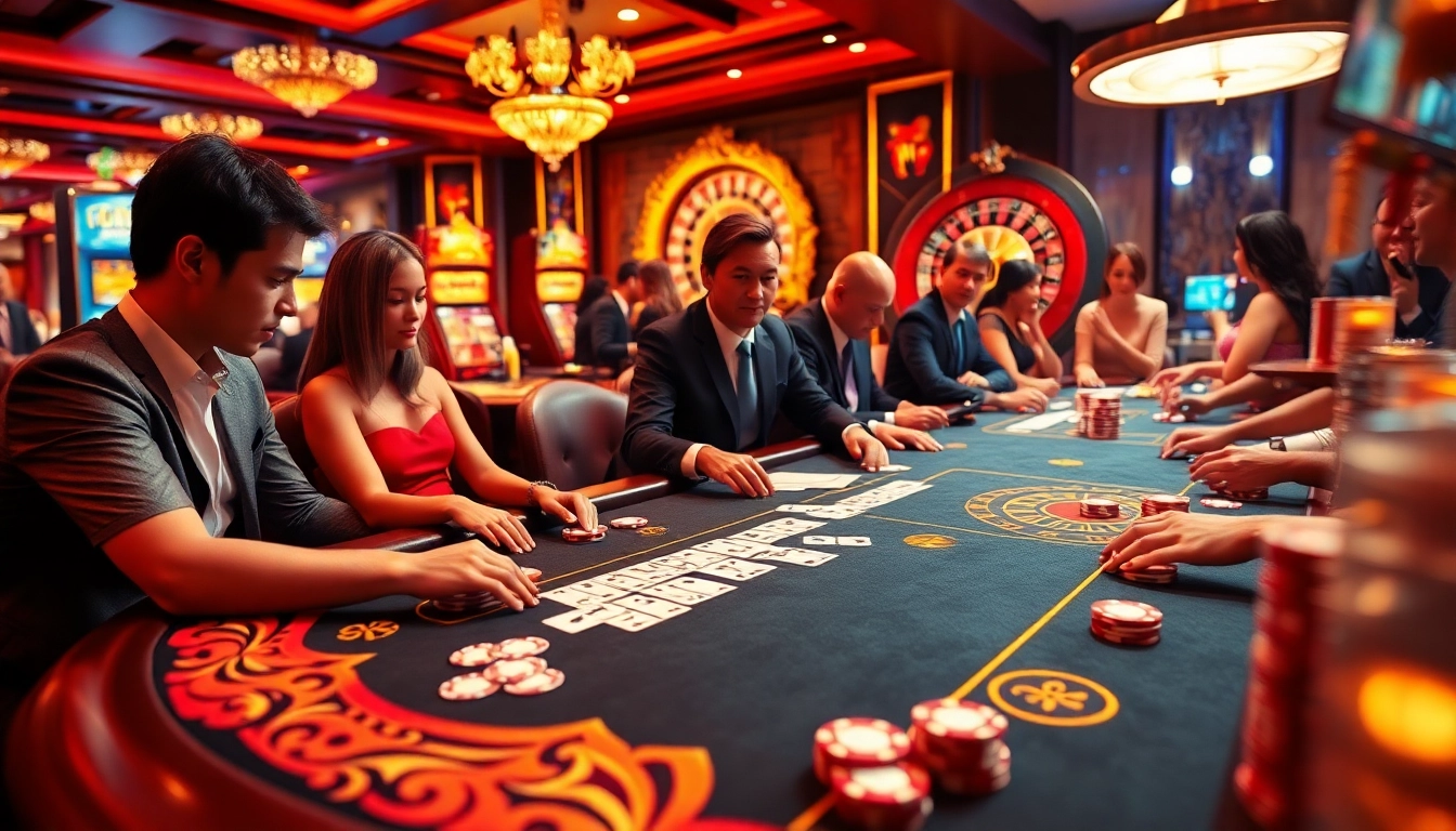 Exciting casino scene from https://bet88.limited/ featuring poker games, slot machines, and diverse gamblers.