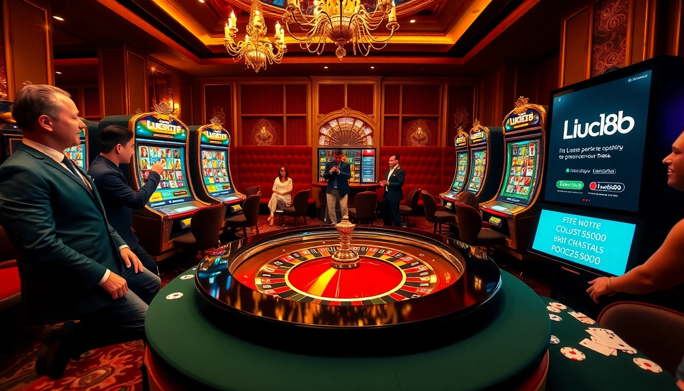 Players enjoying LUCK8-themed slots amidst luxury casino decor, showcasing excitement.
