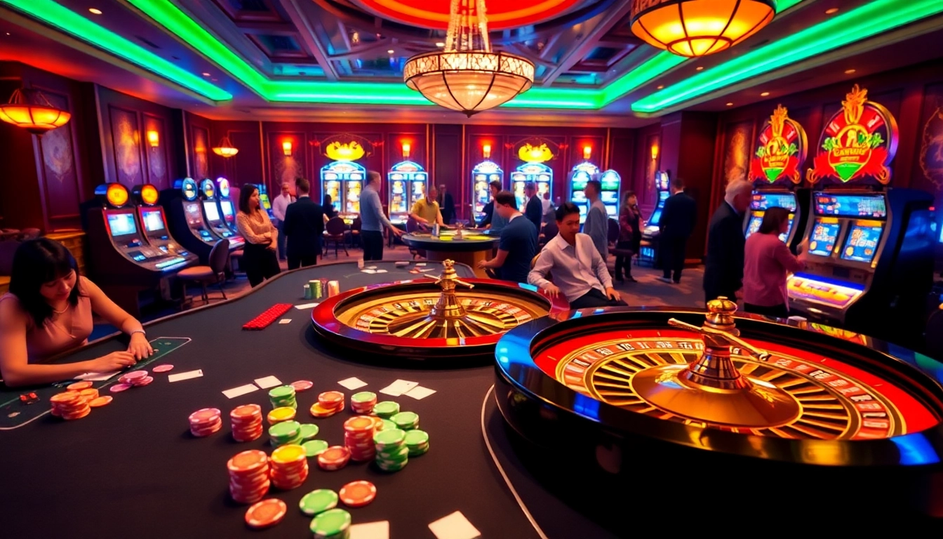 CM88 players engage in thrilling casino games with vibrant chips and bright slot machines.
