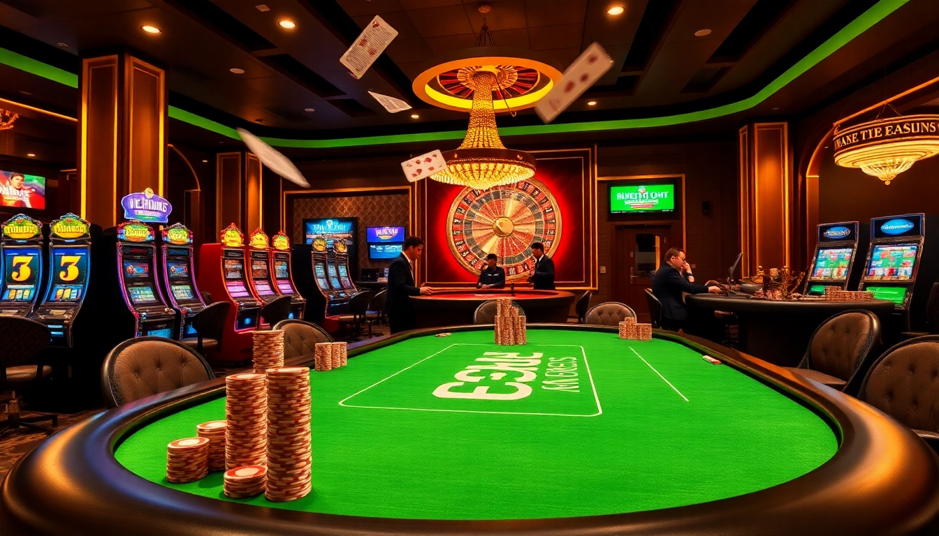 Experience thrilling poker action at the MB66 casino with professional gamblers and vibrant chips.