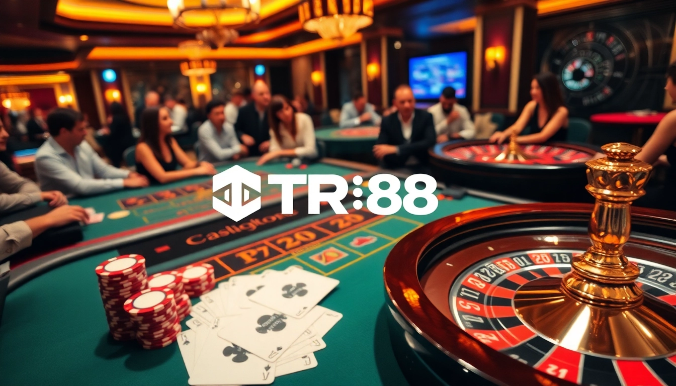 TR88 logo shining brightly amidst an engaging casino scene with poker chips and cards.