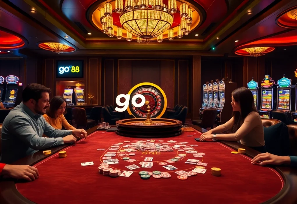 Experience the excitement of go 88 at a luxurious casino gaming table with vibrant chips and cards.