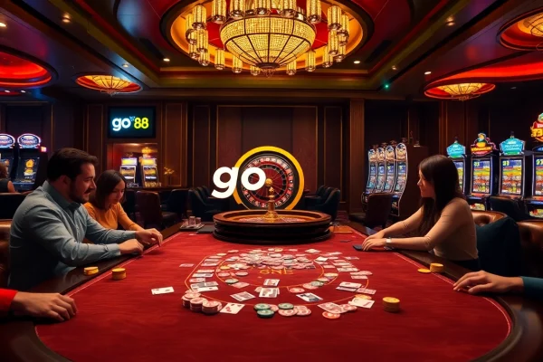 Experience the excitement of go 88 at a luxurious casino gaming table with vibrant chips and cards.