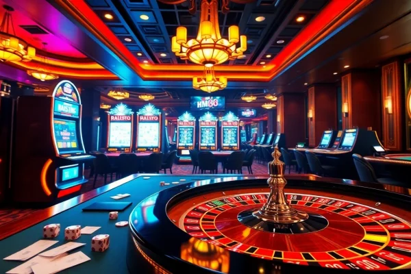 Vibrant casino scene with luxurious slot machines and roulette table, featuring hm88.studio branding.