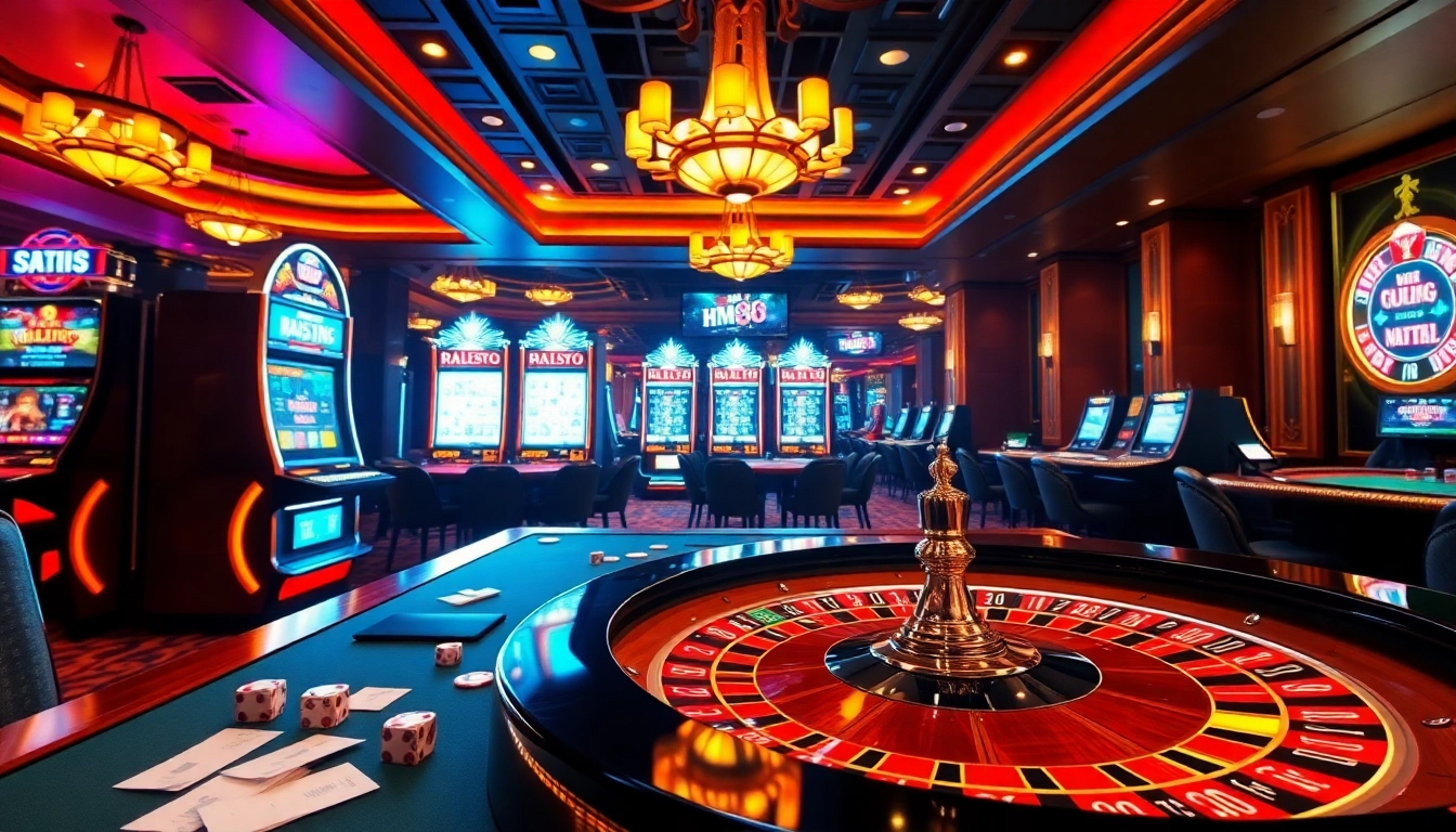 Vibrant casino scene with luxurious slot machines and roulette table, featuring hm88.studio branding.