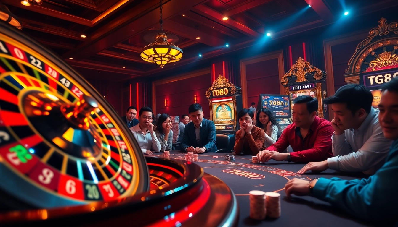 Engage in electrifying gameplay at TG88 casino, showcasing an intense poker game with vibrant roulette wheel.