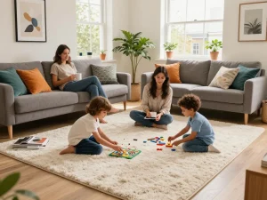 Affordable carpets London in a cozy family living room with children playing and natural light.
