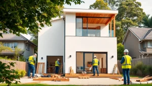 House extension construction showcasing a modern two-story home being built in Melbourne.