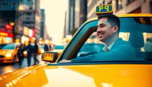 Taxi driver smiling inside a bright yellow cab on a busy city street at night.