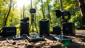 EcoFlow power stations charging equipment in an outdoor adventure setting.