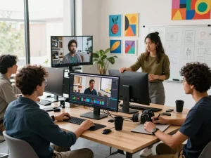 Creating videos with ai seedance 2.0 in a vibrant creative studio.