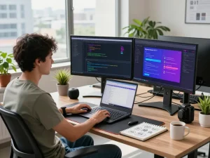 Innovative workspace illustrating a developer using Open Claw AI on dual monitors in a bright office setting.