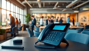 Explore efficient business phone systems showcased in a vibrant office environment.