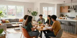Modern Northampton student accommodation with cheerful students collaborating in a bright living space.