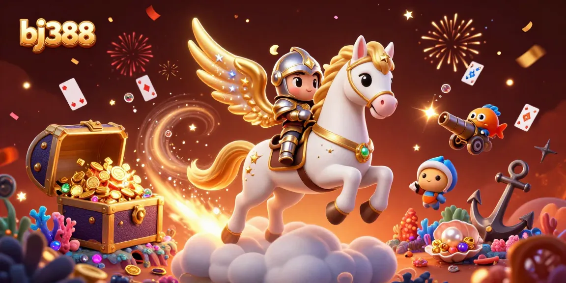 Engage in thrilling games at bj388 with colorful 3D dynamic visuals of an armored knight and celestial horse.