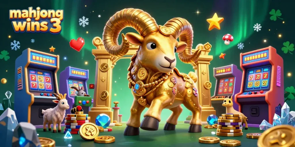 Experience exciting mahjong wins 3 with golden ram charging through a casino jackpot scene.