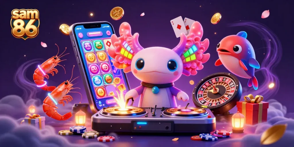 Experience thrilling gameplay at sam 86 with a vibrant casino scene featuring neon characters and dynamic gaming elements.