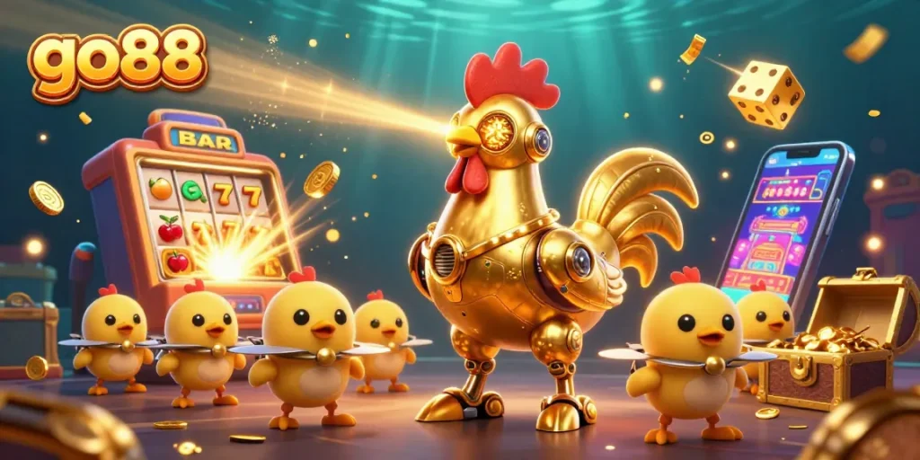 Experience the thrill of go88 with a dynamic scene of gaming excitement, featuring a golden rooster robot and baby chick drones.
