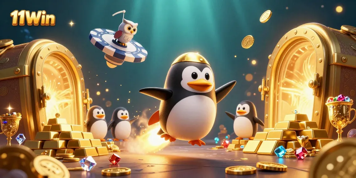 11Win illustration featuring an exciting penguin character navigating a vibrant casino space theme.