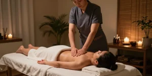 Relaxing 성동구출장안마 session in a serene home setting with a therapist.