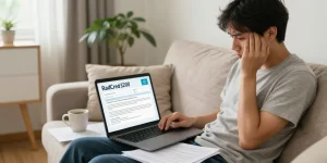 Individual applying for a RadCred $200 loan in a cozy home environment, highlighting comfort and accessibility.