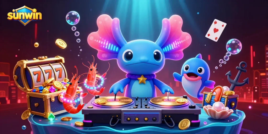 Experience thrilling moments with sunwin as vibrant axolotl DJ spins golden records in an electrifying underwater party.