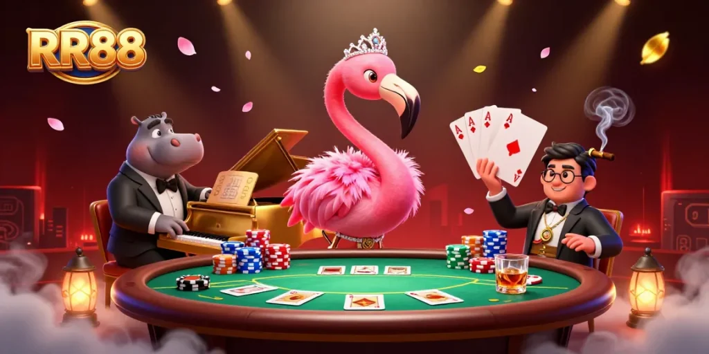 Experience the excitement at RR88 with a vibrant illustrated casino scene showing a singing flamingo and a hippo bassist.